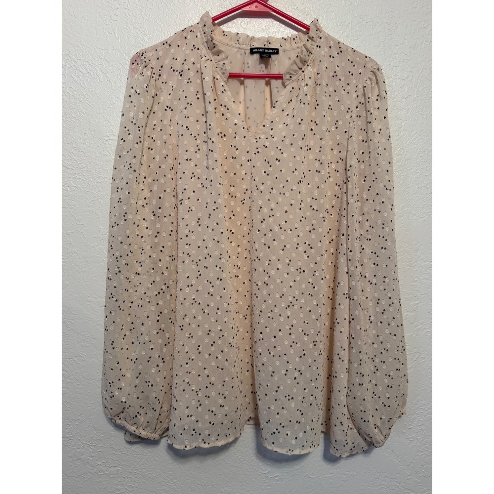 Hilary Radley XL Peach Heart Clip Dot Ruffle Neck V-Neck Blouse CU3254L-419